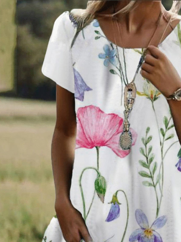 Floral Print Short Sleeve Crew Neck Dress - Image 2