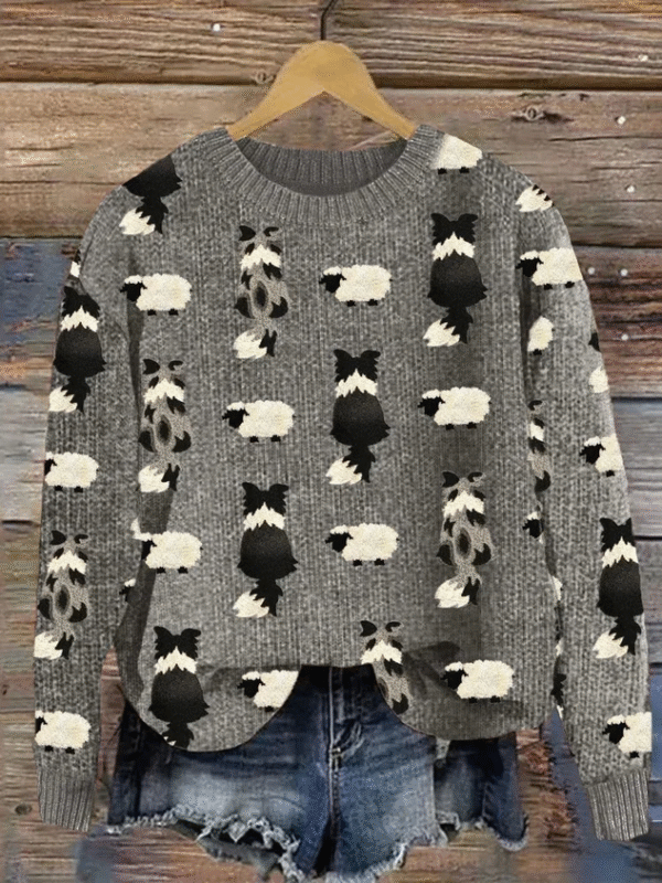 Farm Border Collie & Fuzzy Sheep Embroidered Knit Sweater - Image 2