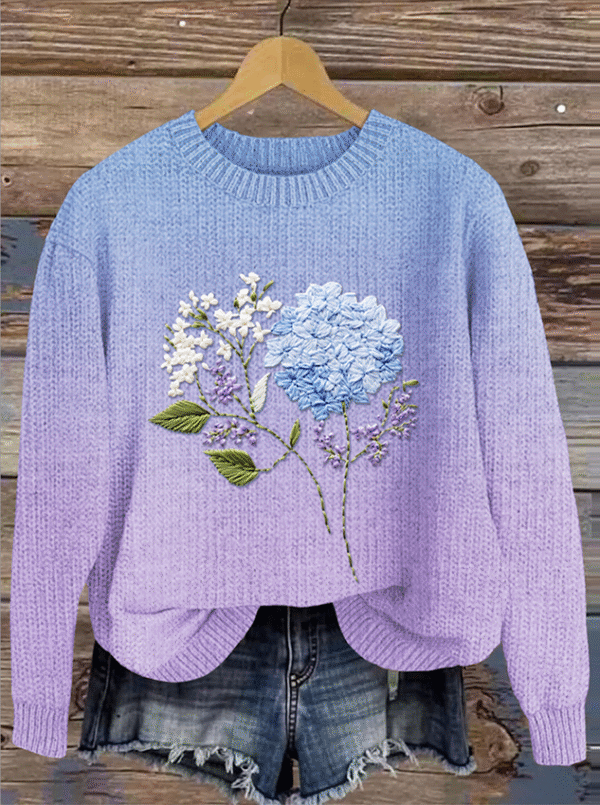 Floral Art Gradient Round Neck Sweater - Image 2
