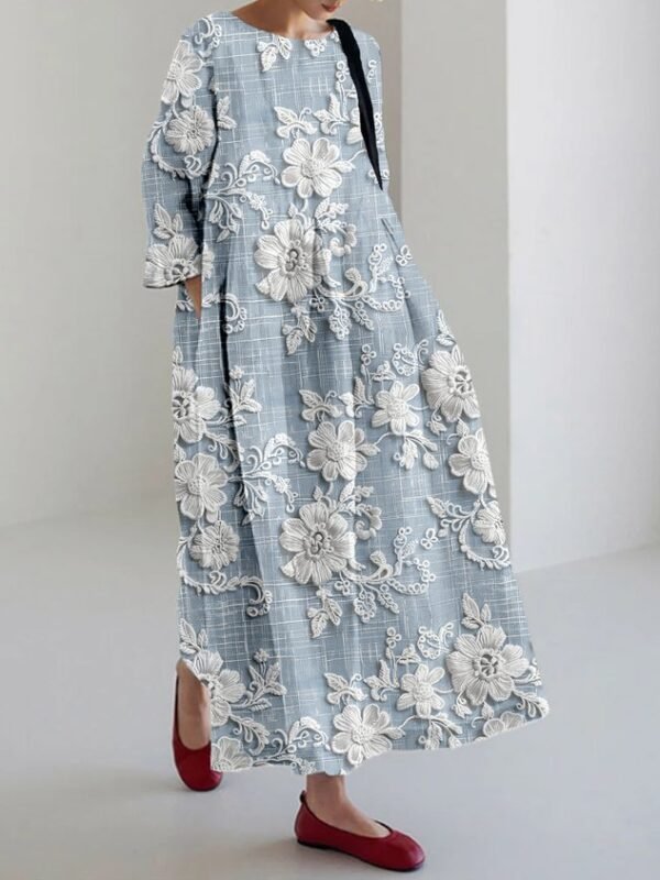 Cottage Floral Embroidered Lace Linen Blend Maxi Dress - Image 2