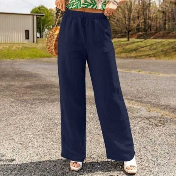 Women's Harem Pants Daily Outing Pants Pocket Elastic Waist Khaki Casual Solid Color Wide Leg Cotton Linen Loose Pants - Image 4