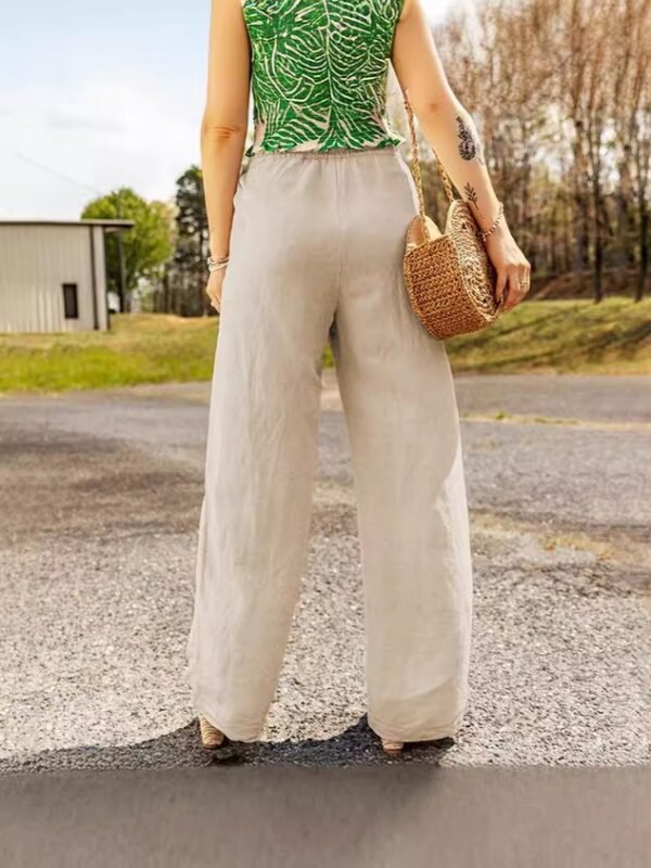 Women's Harem Pants Daily Outing Pants Pocket Elastic Waist Khaki Casual Solid Color Wide Leg Cotton Linen Loose Pants - Image 3