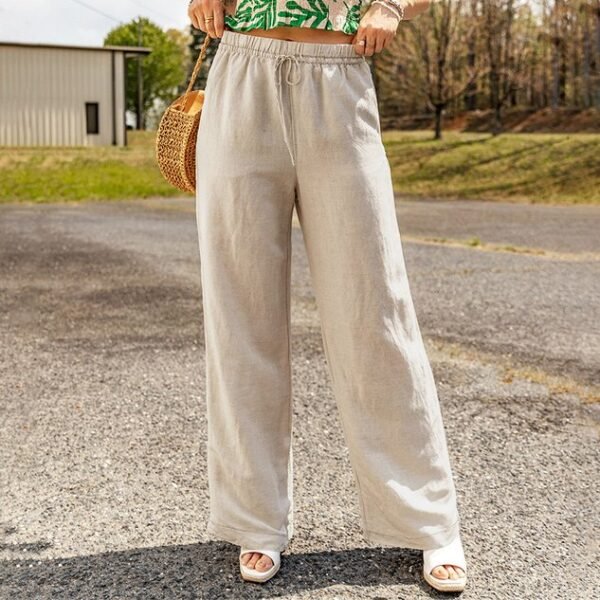 Women's Harem Pants Daily Outing Pants Pocket Elastic Waist Khaki Casual Solid Color Wide Leg Cotton Linen Loose Pants - Image 2