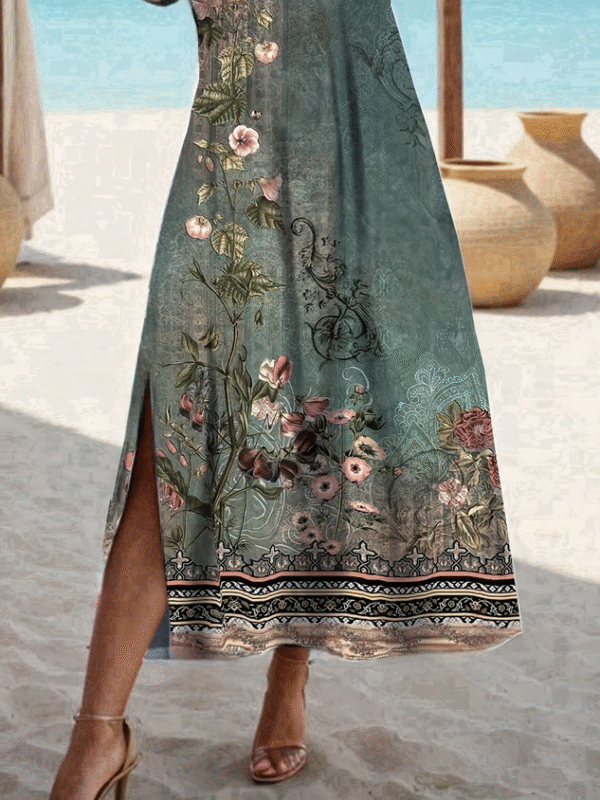 Women's Floral Print Casual Round Neck Short Sleeve Slit Dress - Image 3