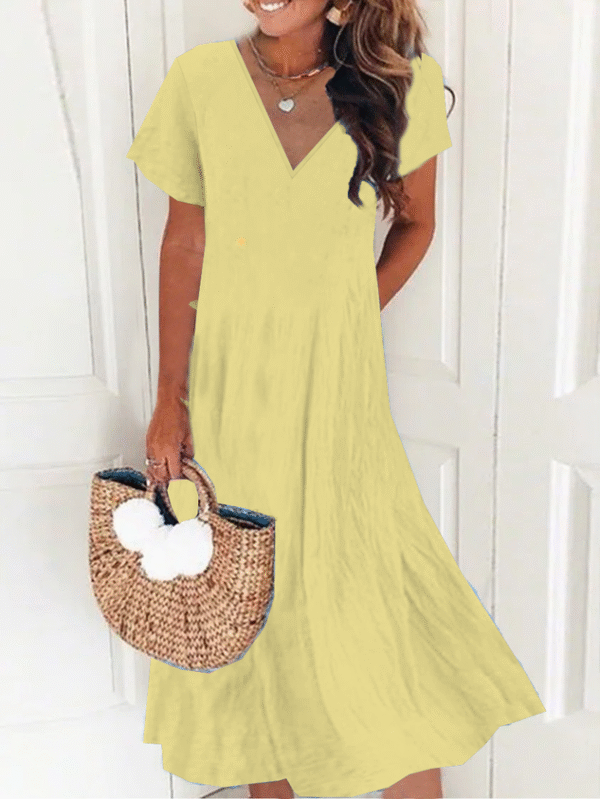New Women Chic Vintage Boho Hippie Short Sleeve V Neck Plain Casual Weaving Dress - Image 4