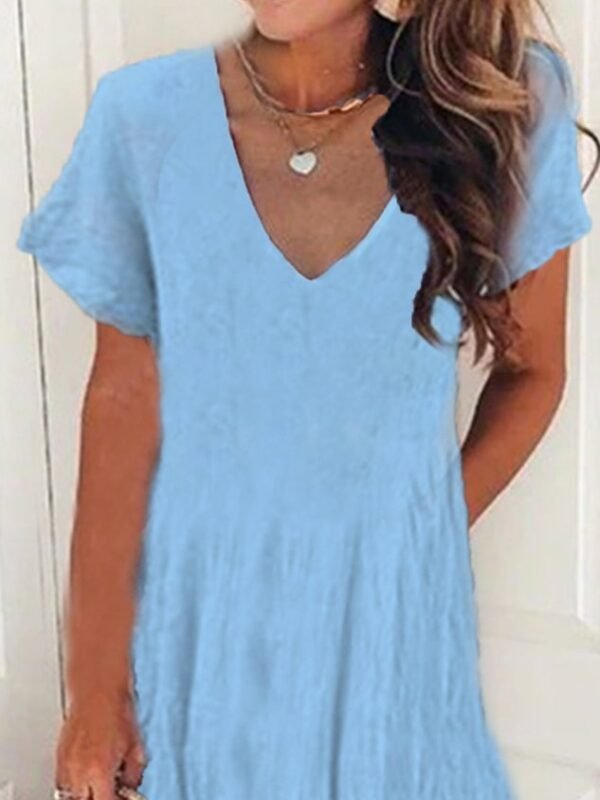New Women Chic Vintage Boho Hippie Short Sleeve V Neck Plain Casual Weaving Dress - Image 3