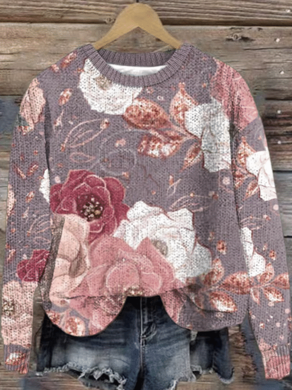 Women's Breast Cancer Flower Print 3D Printing Casual Crew Neck Sweater - Image 3