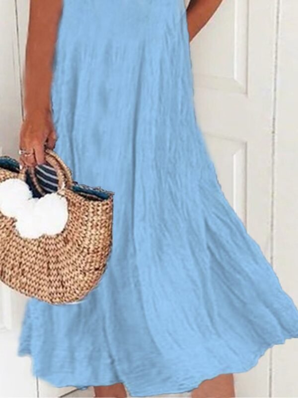 New Women Chic Vintage Boho Hippie Short Sleeve V Neck Plain Casual Weaving Dress - Image 2