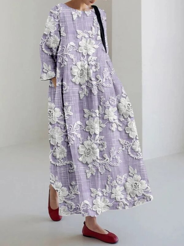 Cottage Floral Embroidered Lace Linen Blend Maxi Dress - Image 3