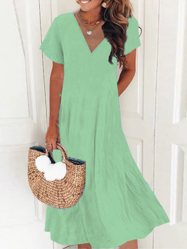New Women Chic Vintage Boho Hippie Short Sleeve V Neck Plain Casual Weaving Dress - Image 5