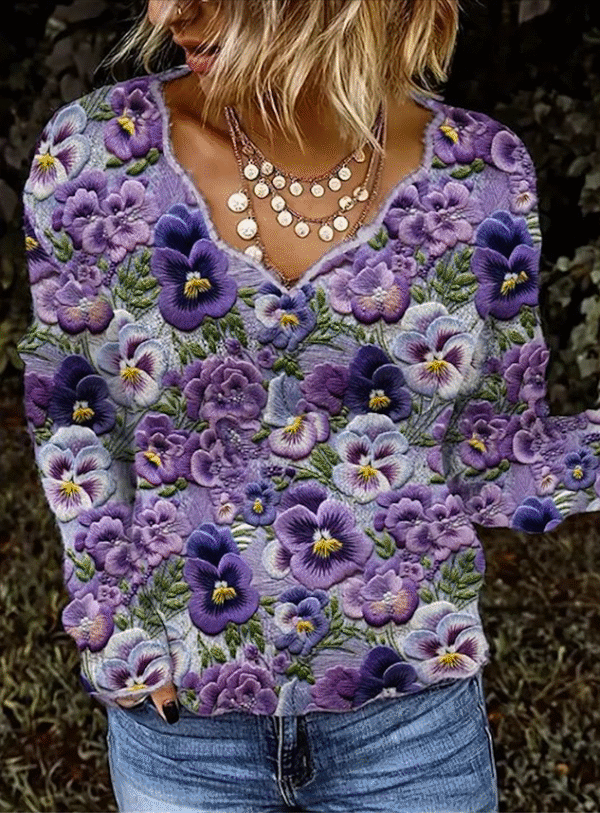 Violet Plant Flower Art V-neck Knitted Sweater - Image 3