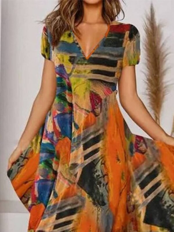 Women's Midi Dress Boho Weaving Dress Printed V Neck Floral - Image 2