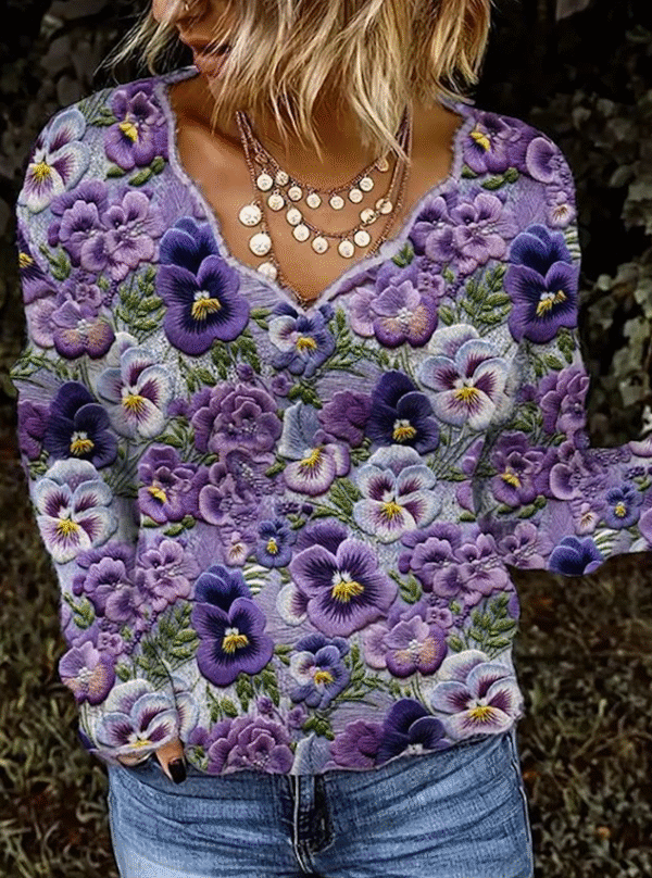 Violet Plant Flower Art V-neck Knitted Sweater - Image 2