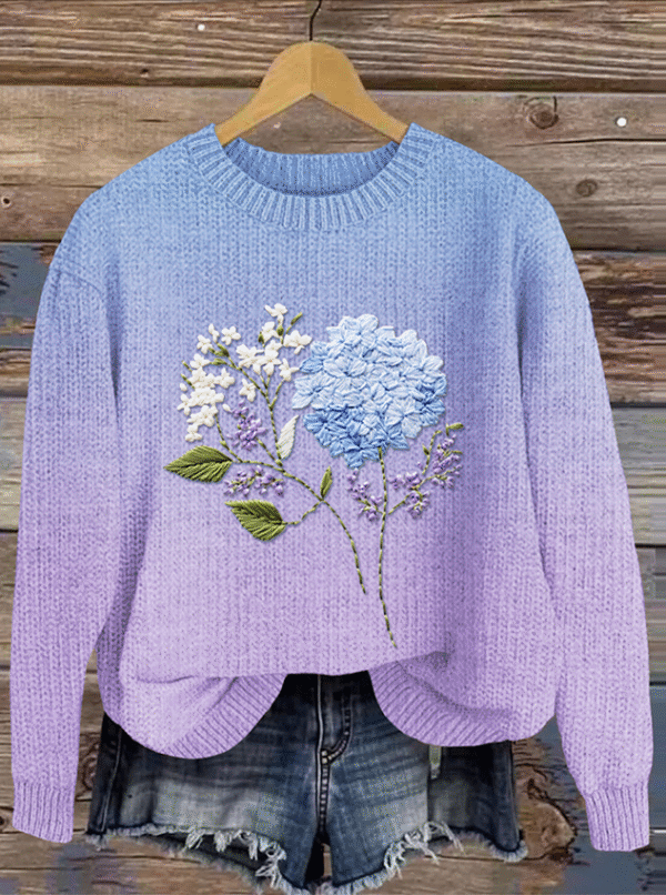 Floral Art Gradient Round Neck Sweater - Image 3