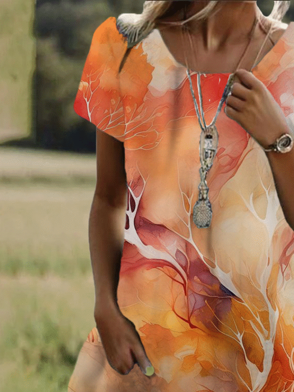 Abstract Print Short Sleeve Crew Neck Dress - Image 2