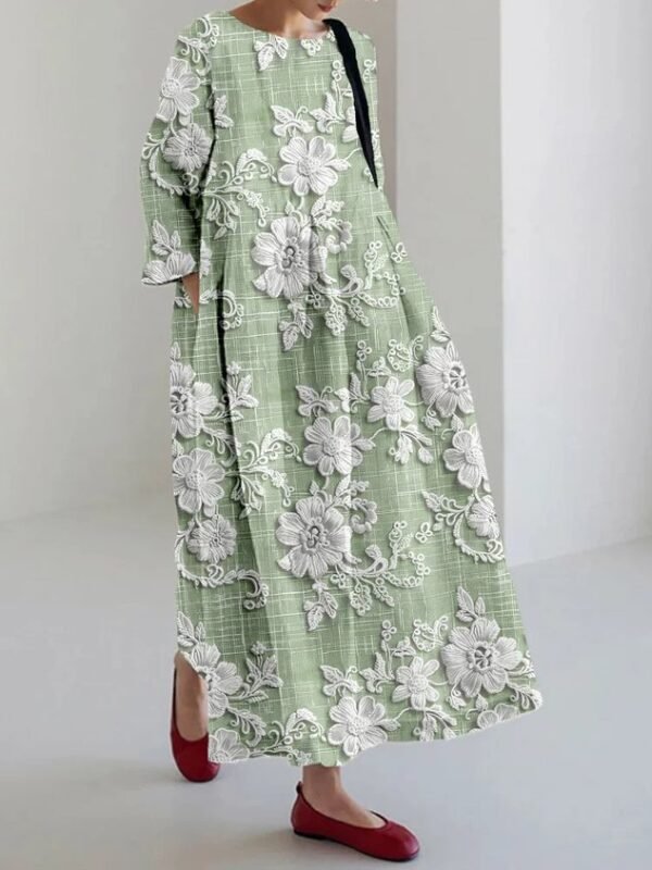 Cottage Floral Embroidered Lace Linen Blend Maxi Dress - Image 4